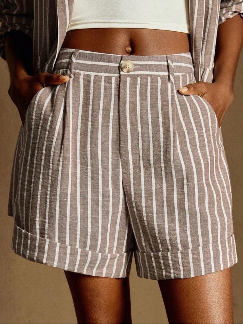 French retro Linen-Blend Striped High-Rise Shorts in Taupe and White